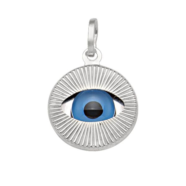 14K white gold Evil Eye pendant and charm with blue and black enamel, 16mm size, symbolizing protection and positive energy.