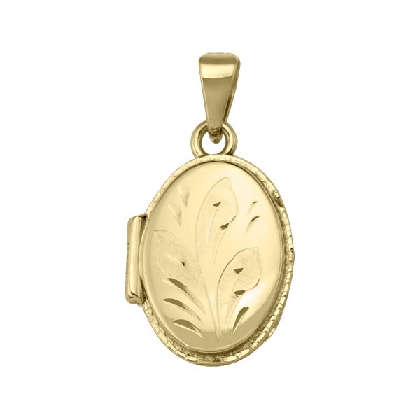 Oval yellow gold locket with floral engraving and hinged design.