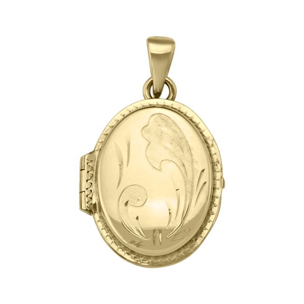 10k yellow gold oval locket with floral engraving, 22mm in height, 18.7mm in width, and hinged design.