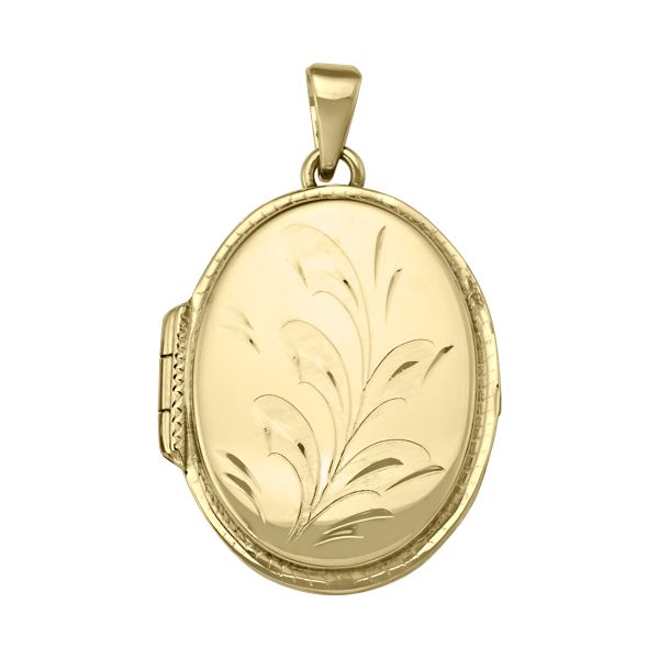 10k yellow gold large oval locket with floral engraving, 27.6mm height, 23mm width, hinged design.