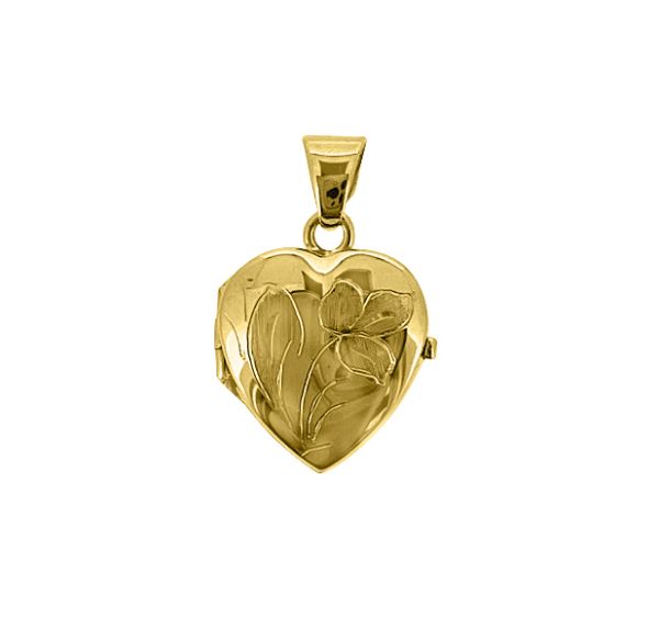 10k yellow gold heart-shaped locket with floral engraving, 16.3mm height, 16.6mm width, and hinged design.