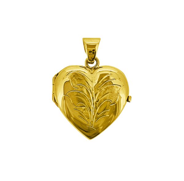 10k yellow gold heart-shaped locket with floral engraving, 19.4mm height, 20.5mm width, and hinged closure.