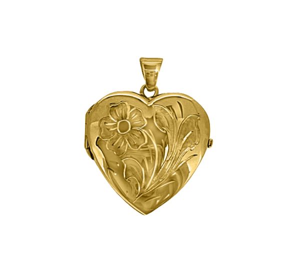 10k yellow gold heart-shaped locket with detailed floral engraving, 25.1mm height, 26mm width, and hinged closure.