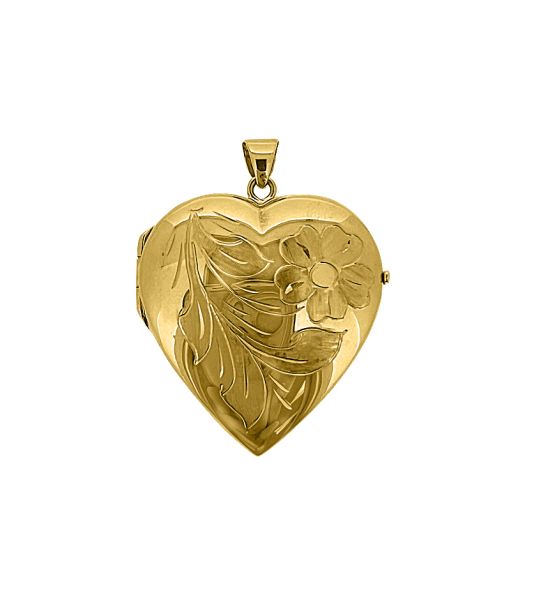 10k yellow gold large heart locket with floral engraving, 29.7mm height, 27.9mm width, and hinged closure.