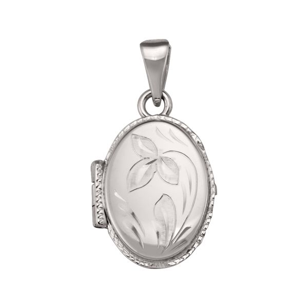 White gold oval locket with floral engraving, available in 10k, 14k, or 18k, 20.3mm height, 15.6mm width, and hinged closure.