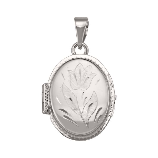 White gold oval locket with tulip engraving, available in 10k, 14k, or 18k, 22mm height, 18.7mm width, and hinged closure.