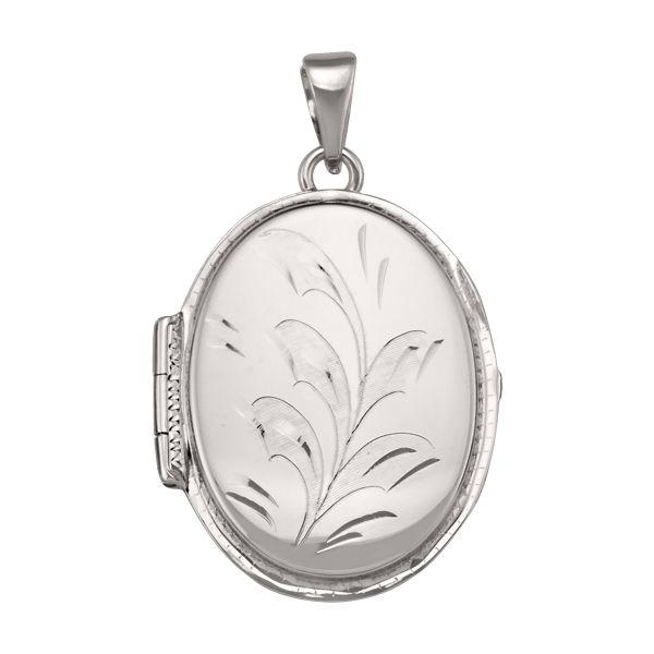 White gold large oval locket with floral engraving, available in 14k or 18k, 27.6mm height, 23mm width, and hinged closure.