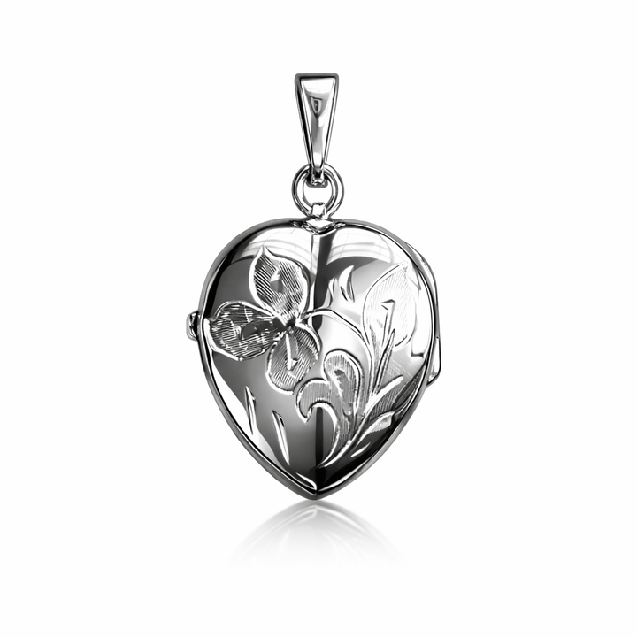 White Gold Floral Heart Locket — front view