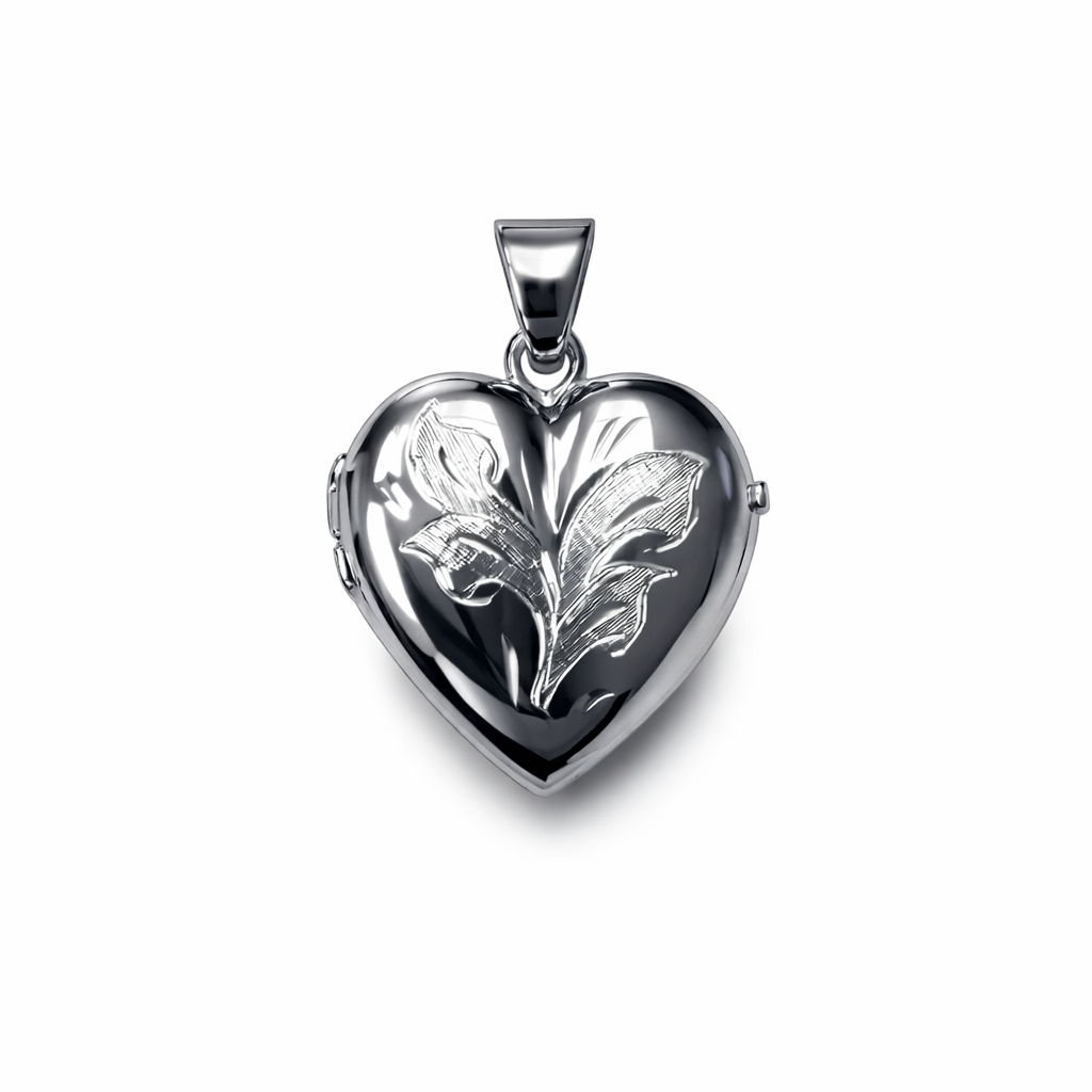 White Gold Floral Heart Locket — front view