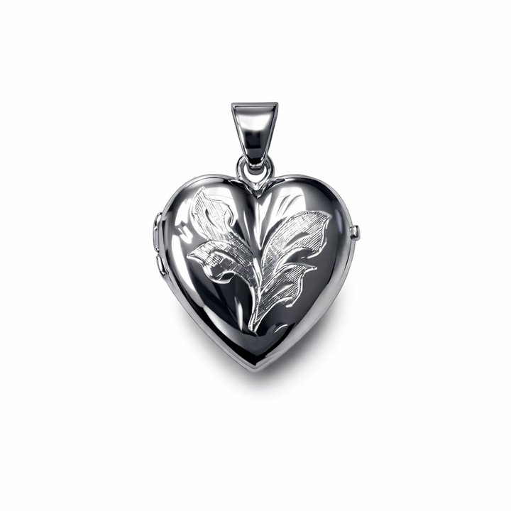 White Gold Floral Heart Locket — front view