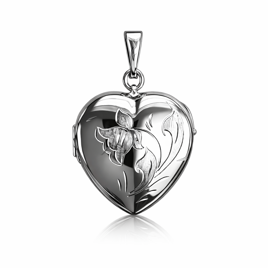 White Gold Floral Heart Locket — front view