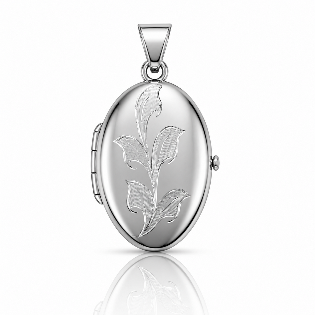 White Gold Floral Oval Locket — front view