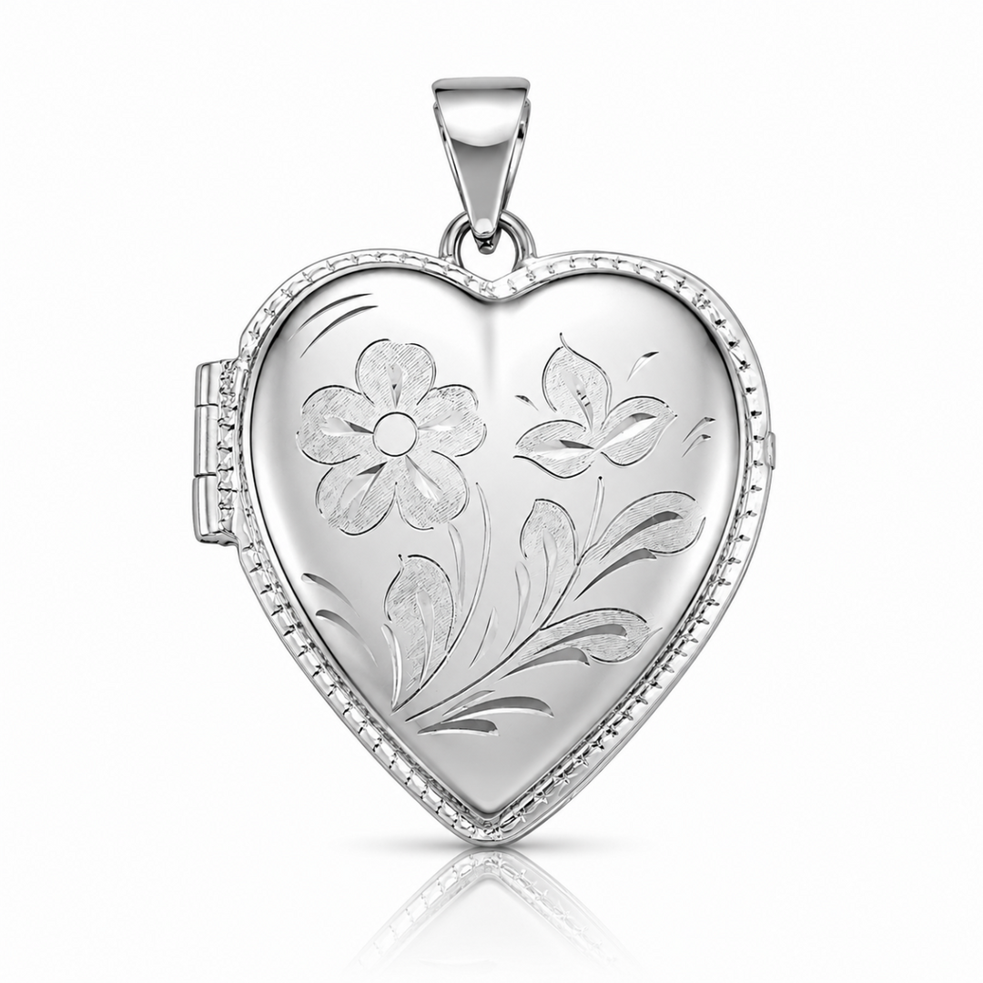 White Gold Floral Heart Locket — front view