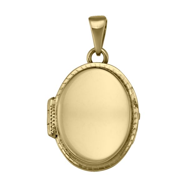 10k yellow gold plain oval locket with smooth design, 22mm height, 18.7mm width, and hinged closure.