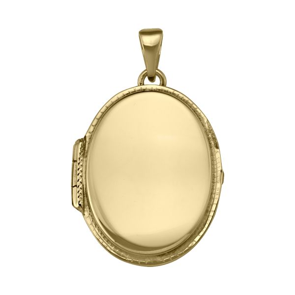 14k yellow gold large oval plain locket with smooth surface, 27.6mm height, 23mm width, and hinged closure.