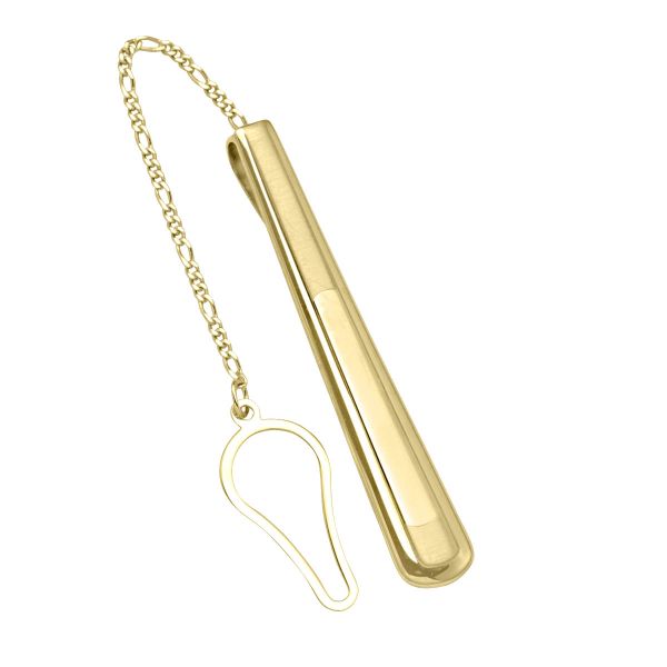 10k yellow gold tie bar with a chain attachment, measuring 48mm in width and 4.8mm in height.