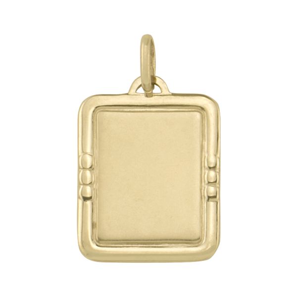 14k yellow gold pendant with a rectangular smooth surface framed by a beaded edge design and a polished bail.