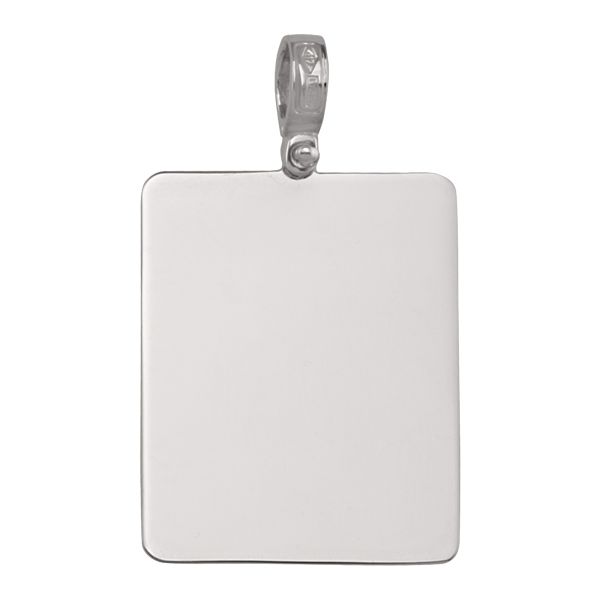 Large rectangular white gold pendant in 14K with a polished surface, measuring 26.8mm x 21mm, featuring a secure bail.