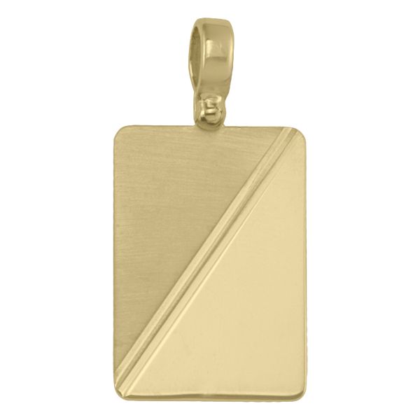 Gold rectangular dog tag pendant with a diagonal matte and polished finish, featuring a smooth gold bail.