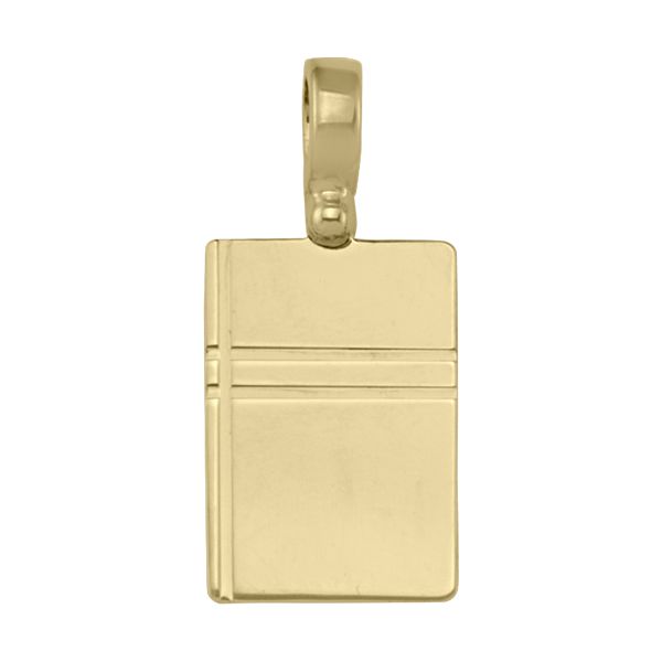 Rectangular yellow gold pendant with a polished surface and modern line design, measuring 19mm x 13mm, with a durable bail.