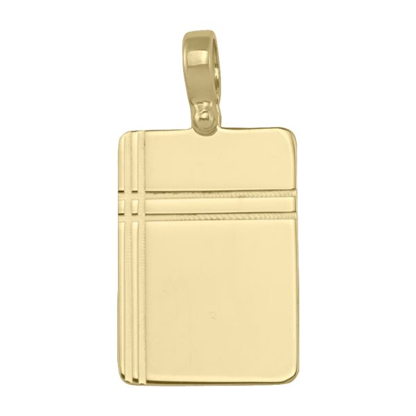 10k yellow gold rectangular tag pendant with linear design accents and polished finish.