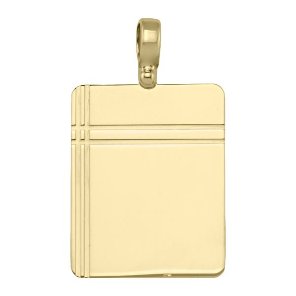 10k yellow gold rectangular tag pendant with elegant linear design and polished finish.