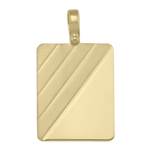 10k yellow gold rectangular tag pendant featuring a bold diagonal design with a matte and polished finish.