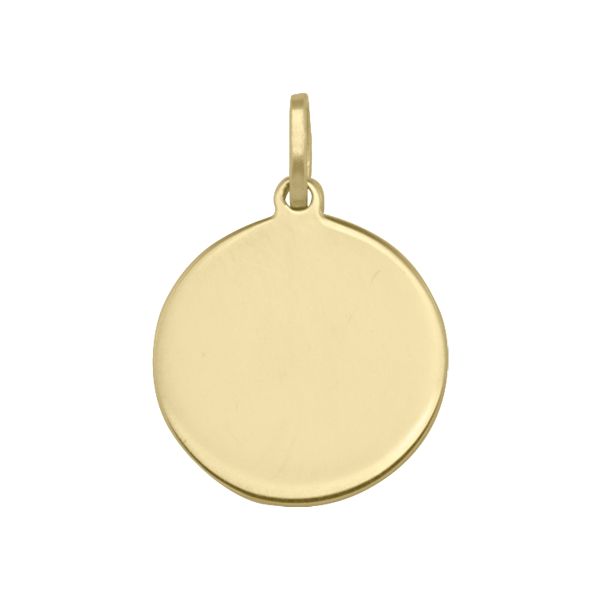 14k yellow gold round tag pendant, 16mm diameter, polished finish, ideal for engraving and customization.