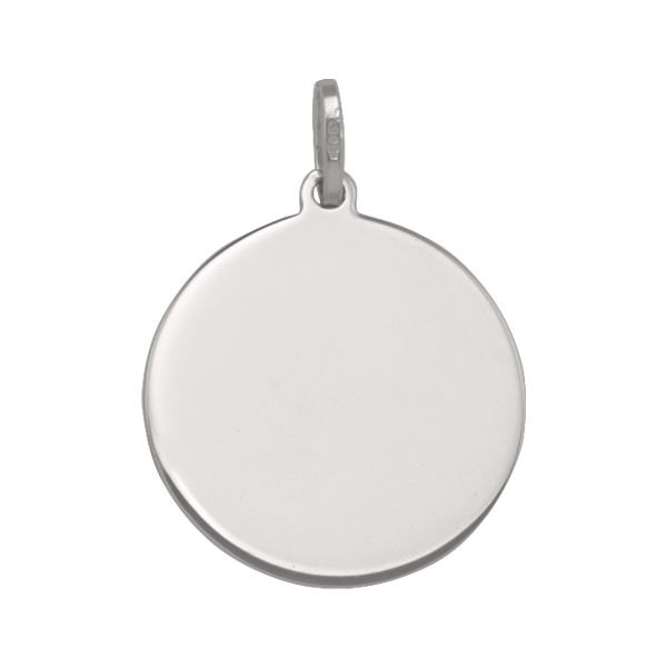 14k white gold round tag pendant, 18mm diameter, with a polished finish, ideal for engraving and personalization.