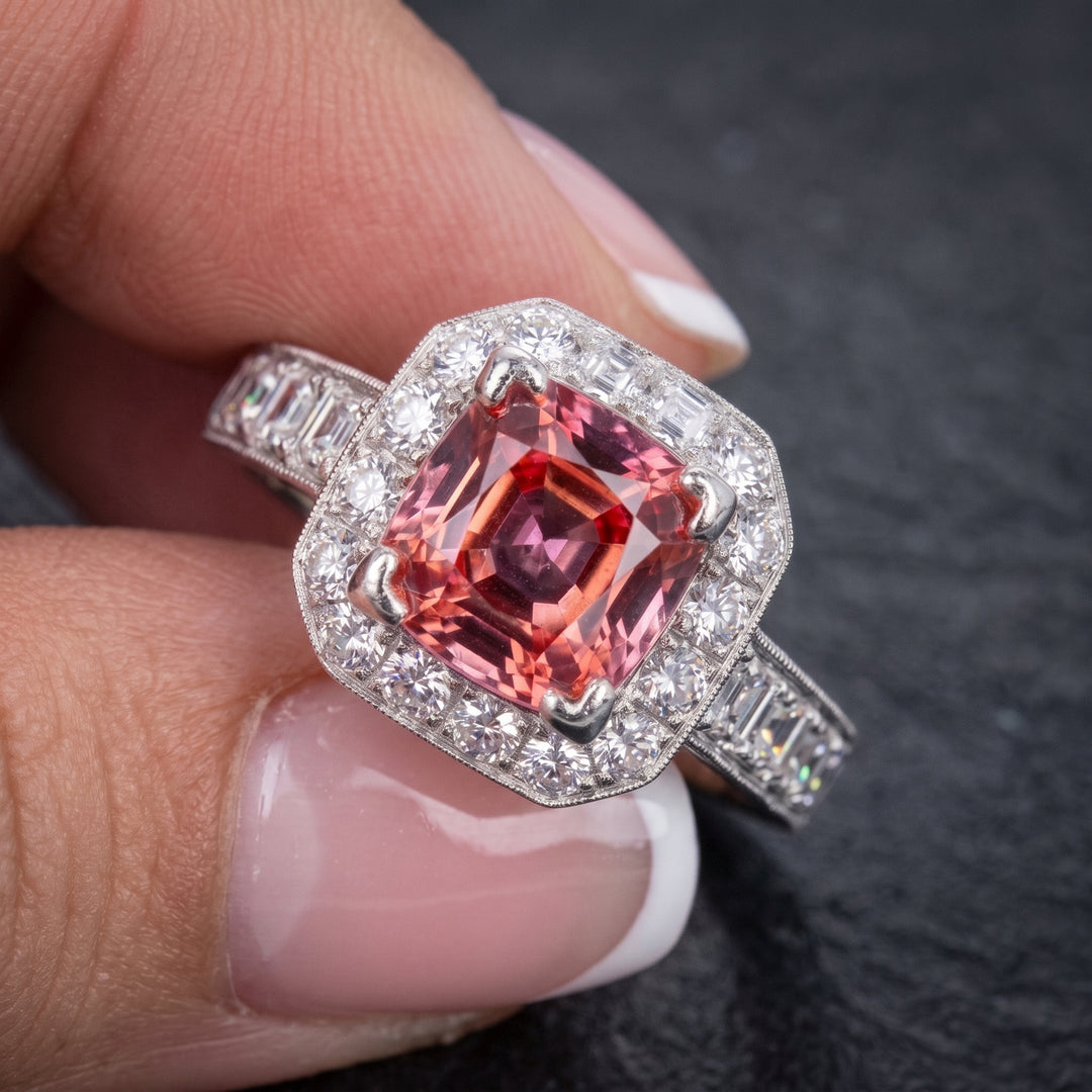 Orange sapphire ring with diamonds in 14K white gold