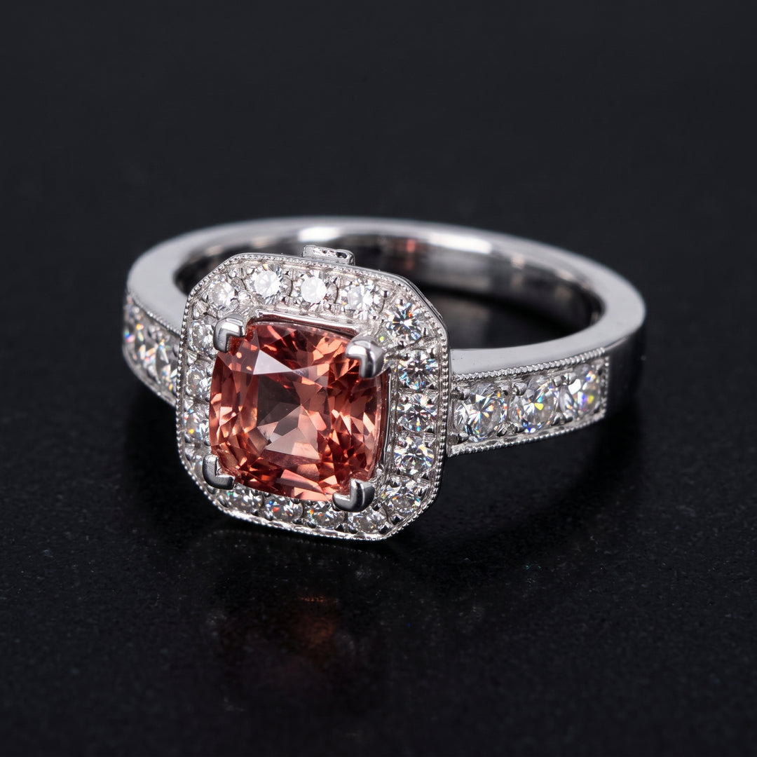 Orange sapphire ring with diamonds in 14K white gold