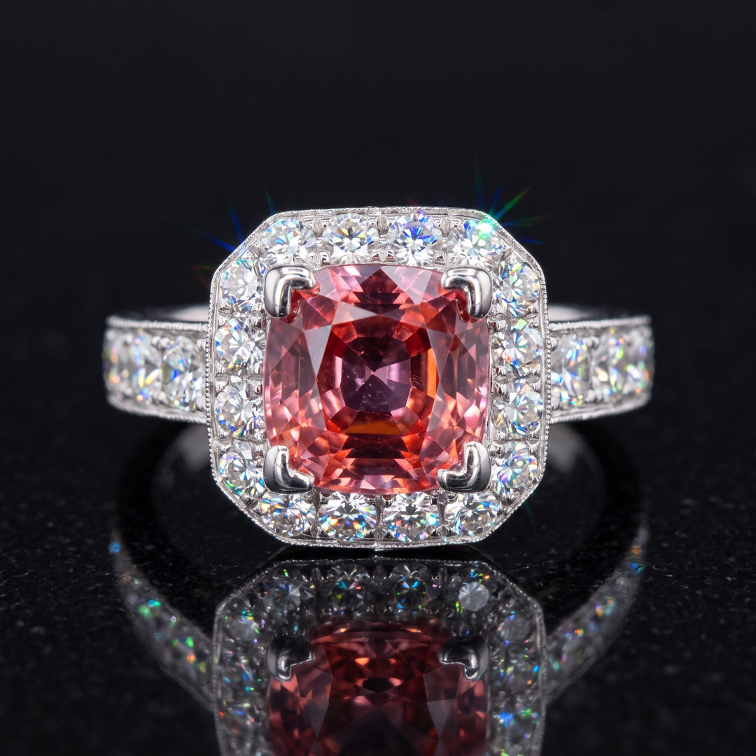 Orange sapphire ring with diamonds in 14K white gold