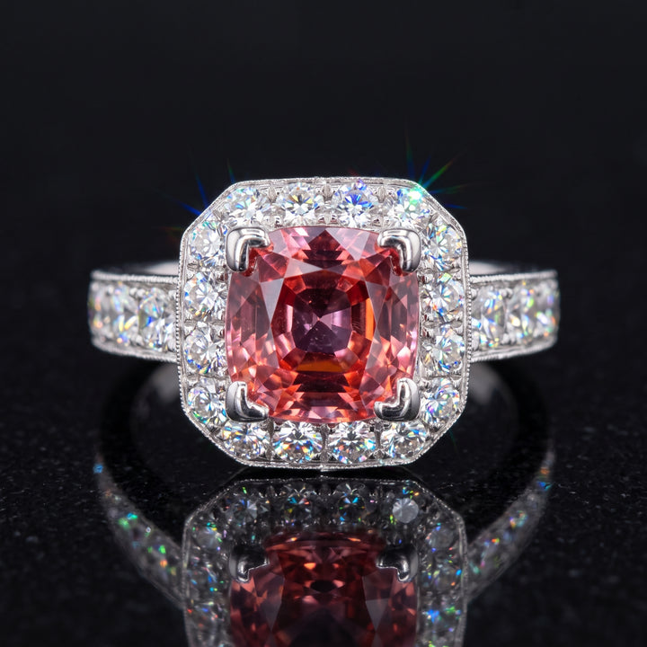 Orange sapphire ring with diamonds in 14K white gold