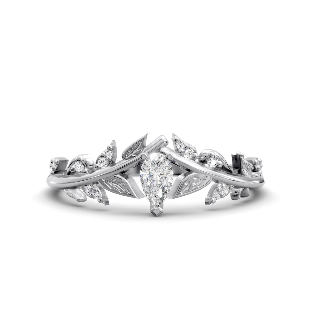 Leaf and vine wedding band with pear-shaped center stone and small accent stones
