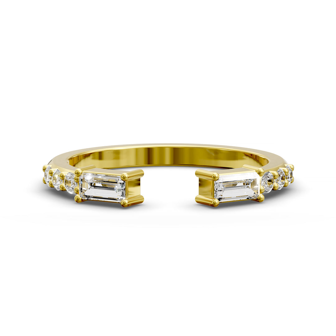 open cuff split wedding band with baguette and round diamonds