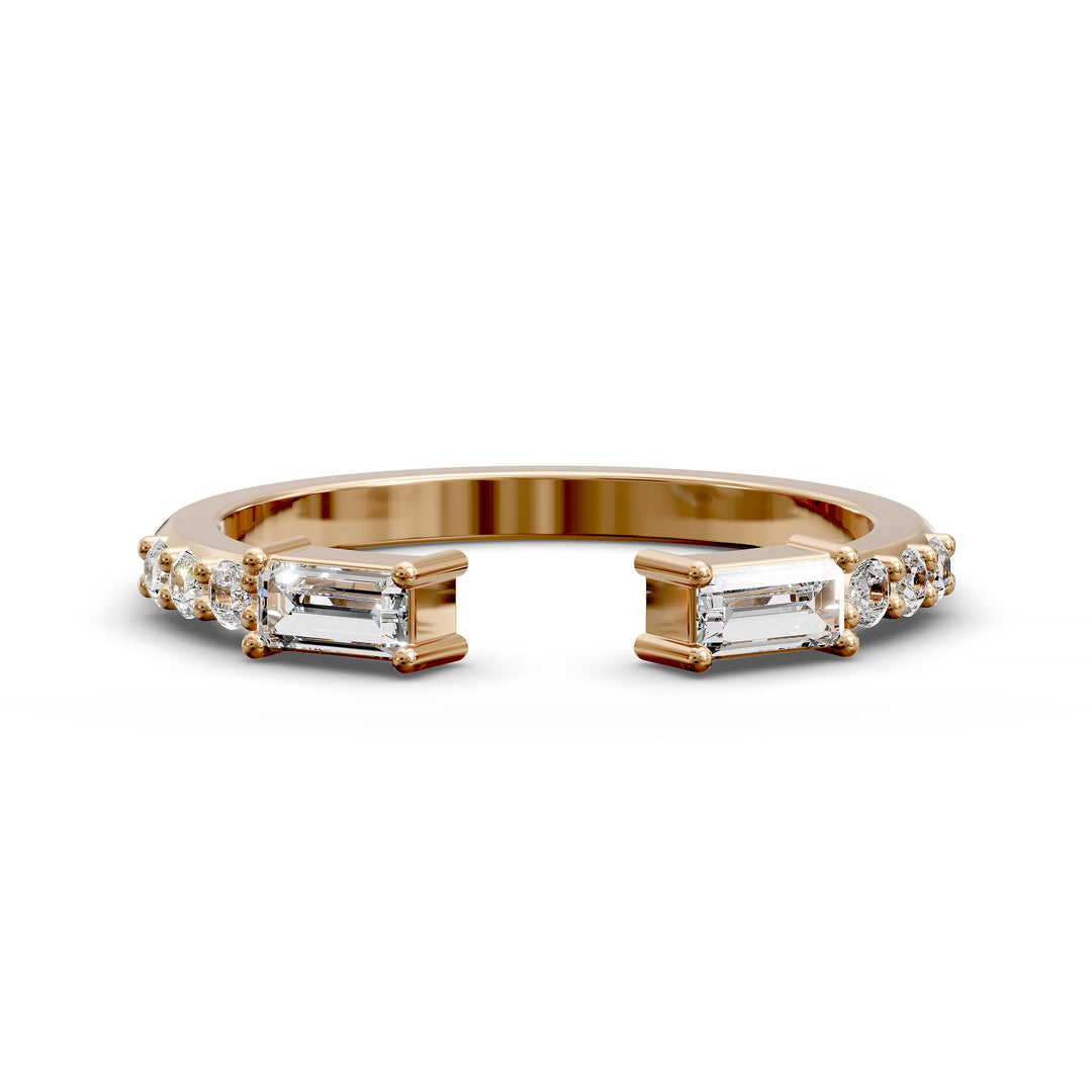 open cuff split wedding band with baguette and round diamonds