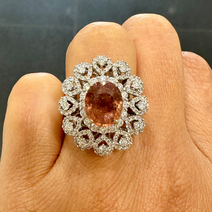 Natural Padparadscha sapphire ring with diamonds in 18K white gold