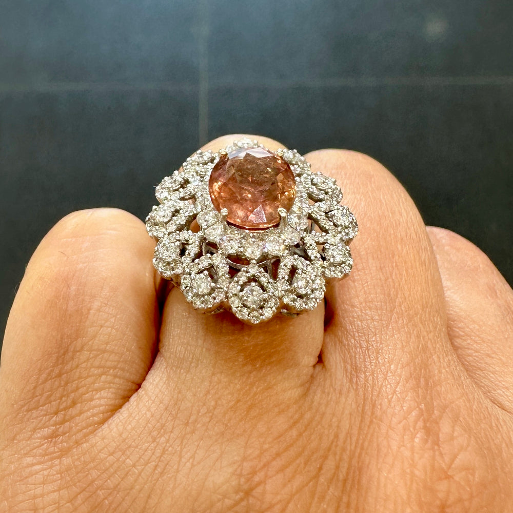 Natural Padparadscha sapphire ring with diamonds in 18K white gold