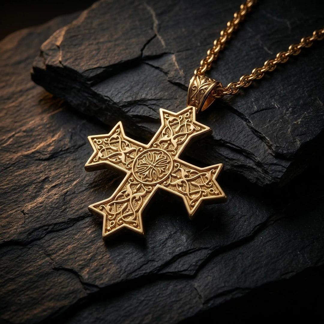 Ornate Coptic cross pendant with intricate filigree pattern displayed on neutral background.

