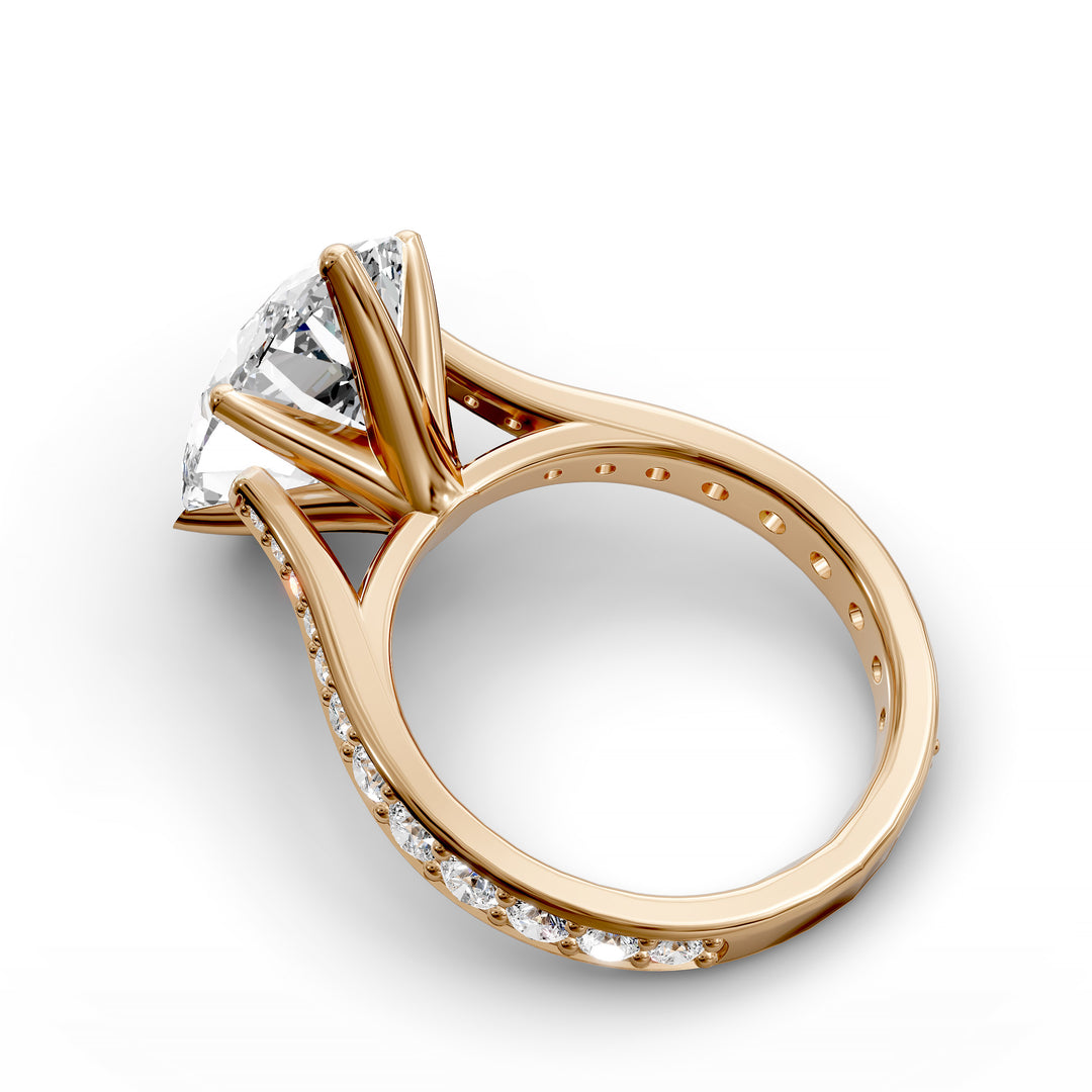 Oval diamond cathedral engagement ring with channel-set band shown in studio view.