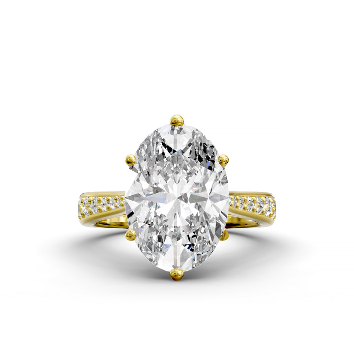 Oval diamond cathedral engagement ring with channel-set band shown in studio view.