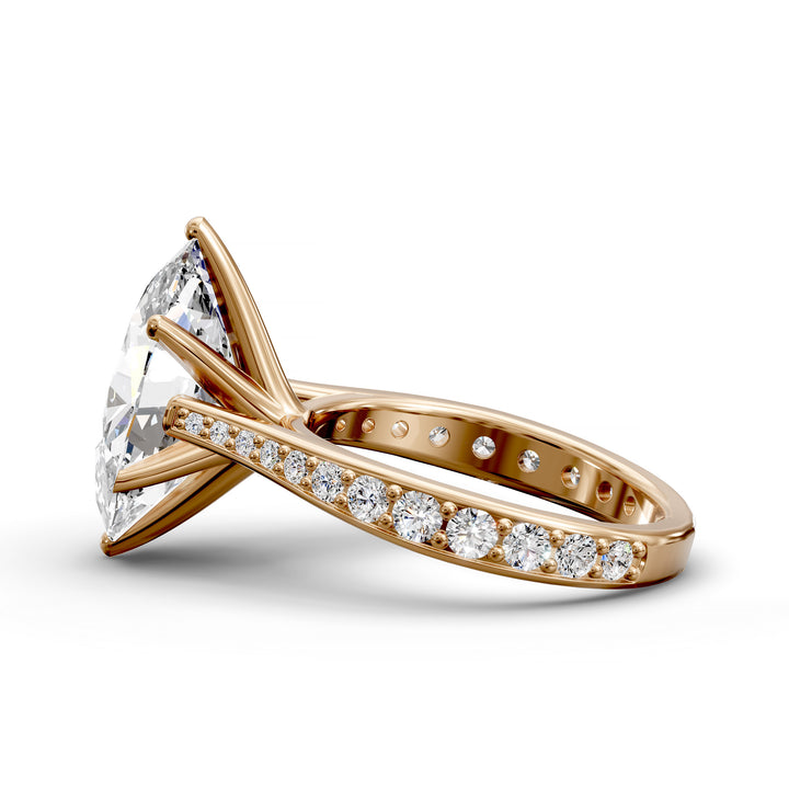 Oval diamond cathedral engagement ring with channel-set band shown in studio view.