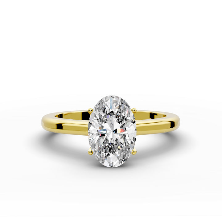 Oval diamond cathedral solitaire engagement ring shown on a classic polished band
