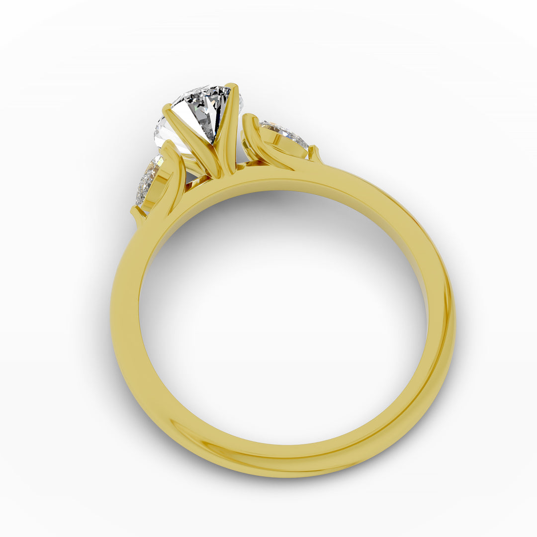 Oval diamond engagement ring with pear-shaped side stones front view.