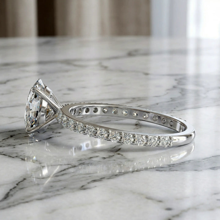 1 Ct Oval Moissanite Engagement Ring with Pave Band in 14K Gold