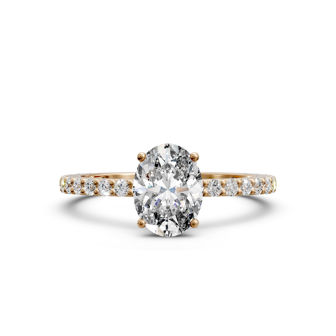 Oval diamond engagement ring with scintillating single row diamond band.