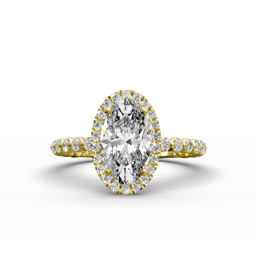 Oval diamond halo engagement ring with floating shared-prong band shown in display view.