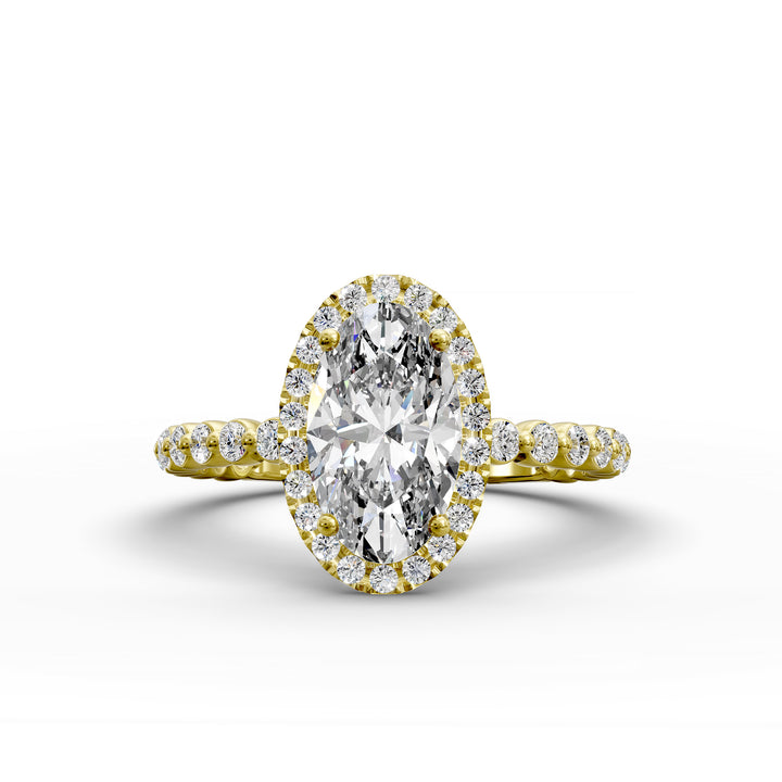 Oval diamond halo engagement ring with floating shared-prong band shown in display view.