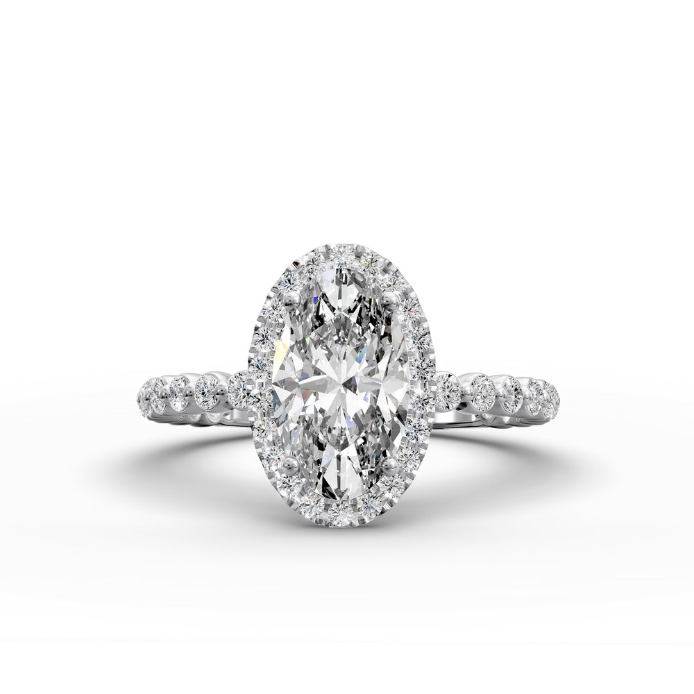 Oval diamond halo engagement ring with floating shared-prong band shown in display view.