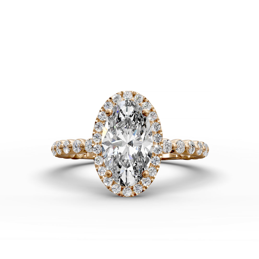 Oval diamond halo engagement ring with floating shared-prong band shown in display view.